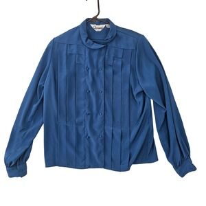 Alexandria Vintage Blue Pleated Double Breasted Mock Neck Blouse Long Sleeve